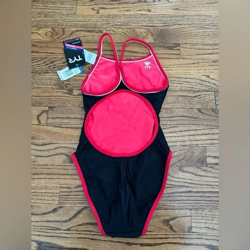 NWT New TYR Diamondfit Hydraspan Black Red Reversible Racing Swimsuit Sz 4 / 30